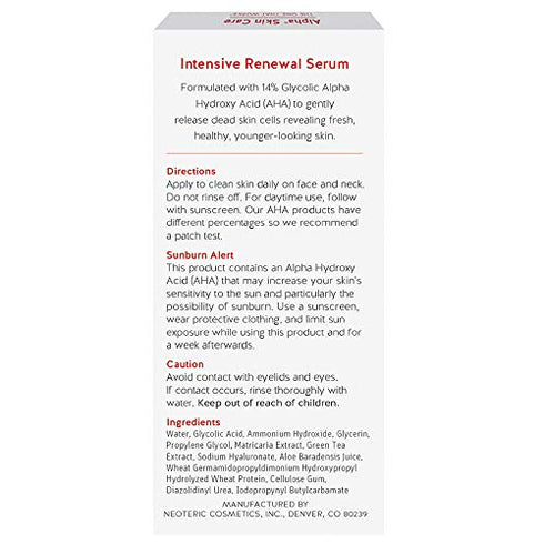 Alpha Skin Care Intensive Renewal Serum | Anti-Aging Formula | 14% Glycolic Alpha Hydroxy Acid (AHA) | Reduces the Appearance of Lines & Wrinkles | For All Skin Types | 2 Oz