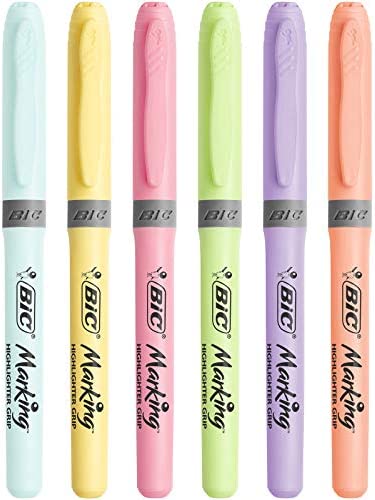 BIC Highlighter Grip Pastel, Highlighter Pens with Adjustable Chisel Tip, Rubber Grip for Extra Comfort, Assorted Colours, Pack of 6