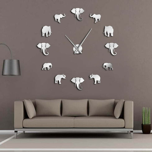 The Geeky Days Jungle Animals Elephant DIY Large Wall Clock Home Decor Modern Design Mirror Effect Giant Frameless Elephants DIY Clock Wall Watch (Silver)