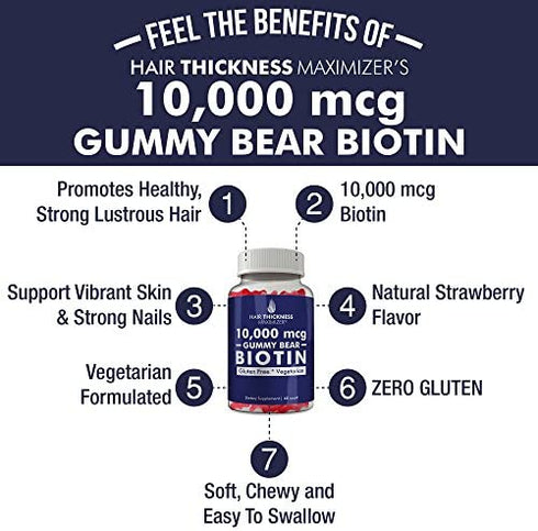 Biotin 10000 mcg Gummies by Hair Thickness Maximizer | Vegetarian, Gluten Free. 10000mcg Natural Gummy Bear Hair Vitamin for Men and Women. Great for Hair Growth, Combats Hair Loss and Thinning Hair