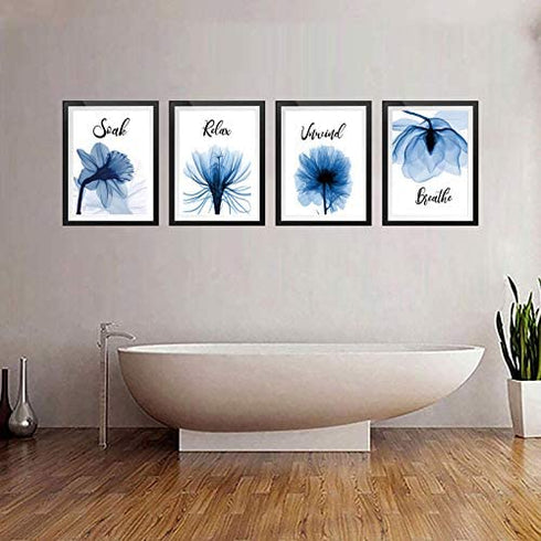 VOUORON Blue Elegant Tulip Relax Soak Unwind Breathe Bathroom Wall Decor Bathroom Wall Art Prints Set of 4 (8”X10” Canvas Picture) Bathroom Spa Woman Girl Bedroom Art Painting Home Decor Unframed