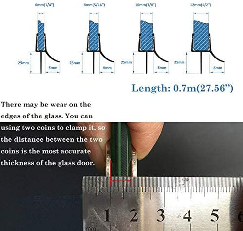 Cozylkx Frameless Shower Door Bottom Seal with Drip Rail for 3/8"(10mm) Glass, Length 27.5"/0.7m, Glass Door Sweep Stop Shower Leaking