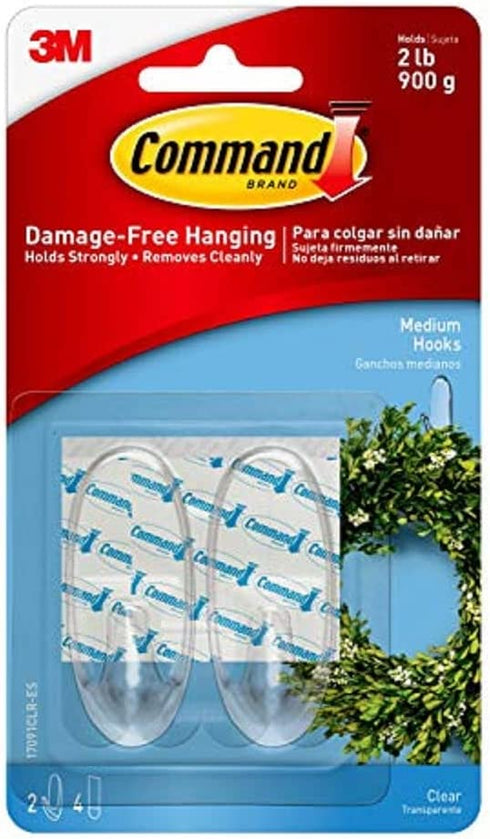 Command Medium Wall Hooks, Damage Free Hanging Wall Hooks with Adhesive Strips, No Tools Wall Hooks for Hanging Decorations in Living Spaces, 12 Clear Wall Hooks and 24 Command Strips