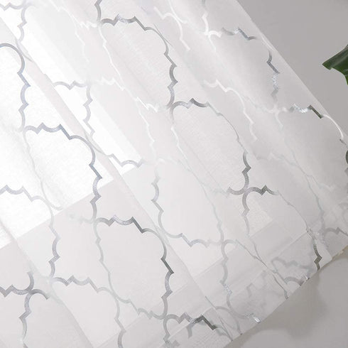 YJ YANJUN Sliver White Sheer Curtains for Bedroom 63 Inch Length - Moroccan Silver Print for Living Room Rod Pocket Window Drapes 52 x 63 Inch, 2 Panels, White Silver