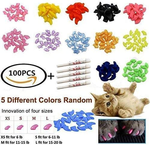 JOYJULY Soft Cat Kitty Nail Caps Claws Covers for Cats Paws Grooming Claw Care, 100pcs 4 Size of 1 Glitter Shinning & 4 Solid Colors & 5 Glues (M)