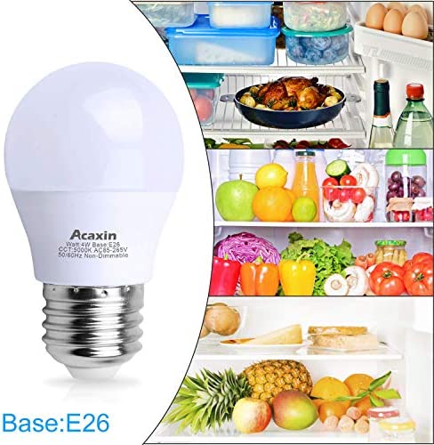 Acaxin LED Refrigerator Light Bulb 4W 40Watt Equivalent, Waterproof Frigidaire Freezer LED Light Bulb IP54, 120V E26 Daylight White 5000K 400 Lumen, Energy Saving A15 Appliance Fridge Bulbs, 2 Pack
