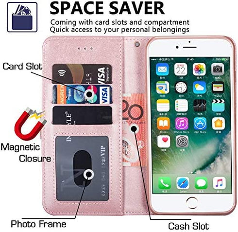 KUDEX iPhone 7 Plus Wallet Case for Women,iPhone 8 Plus Case, Flip Leather Shockproof Magnetic Zipper Pocket Wallet Purse Case w/Stand Card Slot Holder Wrist Strap for iPhone 7 Plus/8 Plus (Rosegold)
