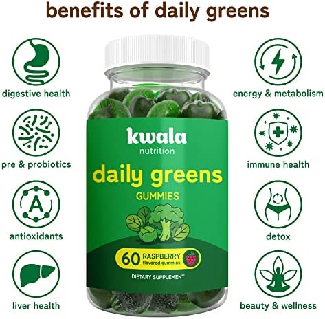 Superfood Greens Gummies with Fruits and Veggies for Energy & Immunity - Fruit and Vegetable Supplements with Spirulina, Chlorella, Beets & Tart Cherry - Daily Greens Supplements - 60 Veggie Gummies