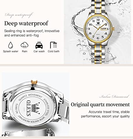 OLEVS Women Watches Gold Silver Stainless Steel Waterproof Analog Large Easy Reader Day Date Watches
