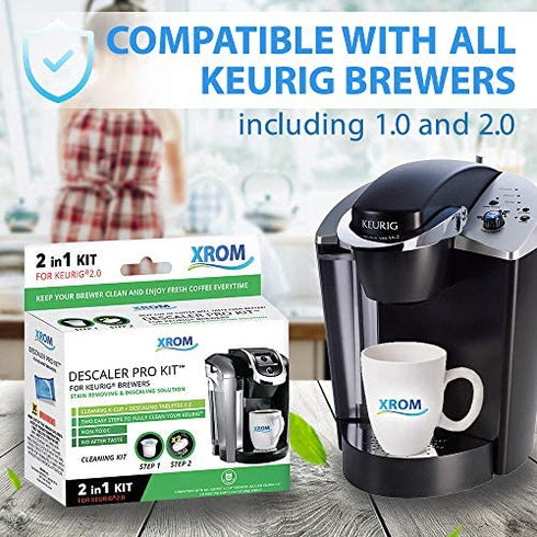 XROM Descaling and Cleaning Kit Compatible With All K-Cup Keurig 2.0 Brewers, All Natural Ingredients, Full Cycle Cleaning And Descaler Solution For Keurig Coffee Makers
