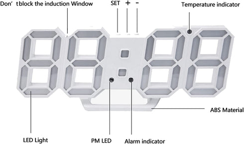 Petilleur 3D Digital Alarm Clock,Wall LED Number Time Clock with 3 Auto Adjust Brightness Levels,Led Electronic Clock with Snooze Function,Modern Night Light Clock Date,Temperature Display (White)