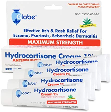 (4 Pack) Globe Hydrocortisone Maximum Strength Cream 1% w/ Aloe, Anti-Itch Cream for Redness, Swelling, Itching, Rash & Dermatitis, Bug/Mosquito Bites, Eczema, Hemorrhoids & More (4-Pack)