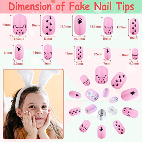 144 Pcs Fake Press on Nails for Kids, Thrilez Kids False Nails Children Artificial Fake Nail Tips Pre Glue Full Cover Short Nails for Girls Kids Teens Nail Art Decoration (Pink Series)
