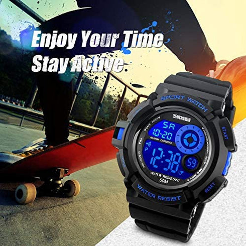 Skmei Mens Sport Running Watch, Digital Electronic 50M Waterproof Military Army Sports LED Wristwatch Water Resistant with Stopwatch Unique Dial 7 Color Changeable Backlight - Blue