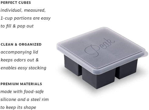 W&P Cup Cubes Silicone Freezer Tray with Lid, Charcoal, Makes 4 Perfect 1-Cup Portions, Freeze & Store Soup, Broth, Sauce, Leftovers, Dishwasher Safe, 4-Cup