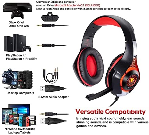 BlueFire 3.5mm PS4 Gaming Headset Headphone with Microphone and LED Light Compatible with Playstation 4, PS5, Xbox one, PC (Red)