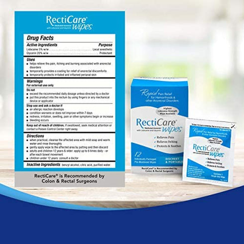 RectiCare Medicated Anorectal Wipes – 5% Lidocaine & Glycerin – 12 Pack