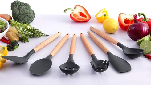 ONMIER Kitchen Cooking Utensils Set, 9 pcs Non-stick Silicone Cooking Kitchen Utensils Spatula Set,BPA Free Wooden Handle Silicone Kitchen Gadgets Utensil Set (Grey)