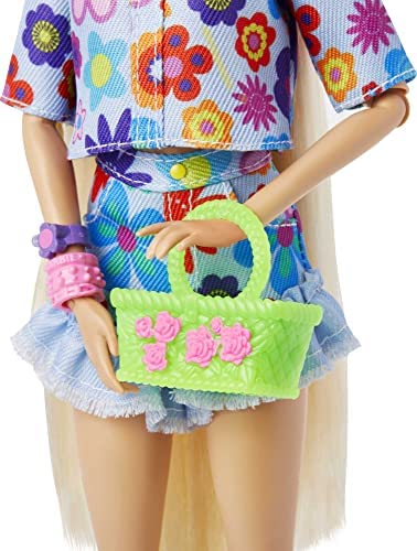 Barbie Dolls and Accessories, Extra Fashion Doll, Long Blonde Hair with Heart Icons and Pet Bunny, Floral Fashion, Toys and Gifts for Kids