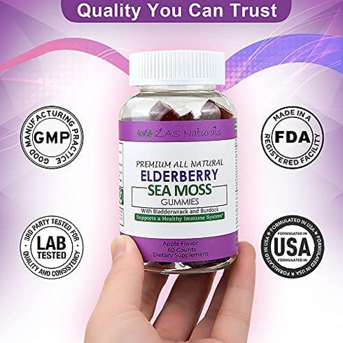 Sambucus Black Elderberry w/Organic Irish Sea Moss Gel Gummies w/Bladderwrack, Burdock, Vitamin C, D, & Zinc/Immune Support for Adults & Kids- Vegan, Gluten-Free, Kosher, Non-GMO Apple Flavor 60 ct