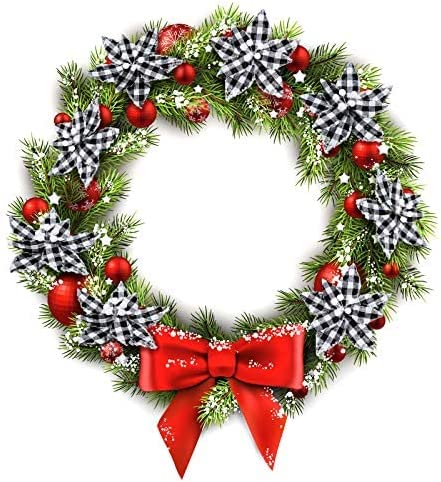 Syhood 12 Pieces Buffalo Plaid Poinsettias Christmas Tree Ornaments Artificial Christmas Flowers with Glitter Powder for Christmas Tree Wreaths Garland Holiday Decorations 6.7 Inch (Black and White)