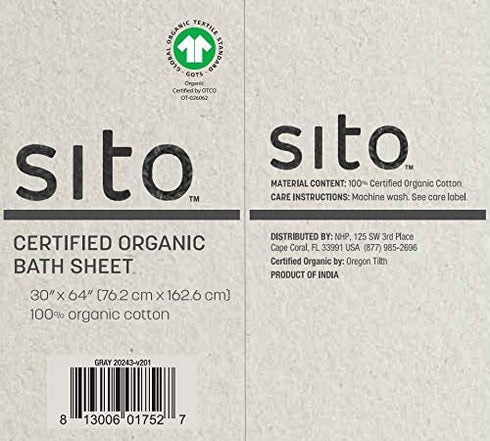 Dr. Mercola Organic Cotton Bath Towel, Grey, Size 30"x 64", Non GMO, GOTS Certified