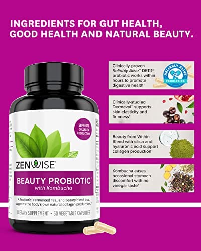 Zenwise Probiotics + Beauty from Within – Vegan Natural Collagen Support, Hyaluronic Acid Fine Line and Wrinkle Repair, Digestive Health for Women – 60 Capsules