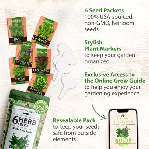 6 Herb Seeds Variety Pack – Plant an Indoor or Outdoor Herb Garden: Basil, Lavender, Cilantro, Parsley, Thyme and Oregano Seeds – 3200+ Non-GMO Heirloom Herb Seeds – Bonus Markers and Grow Guide