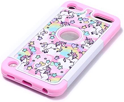 Apple iPod Touch 5,6th Case, iPod 7th Generation Case, Rainbow Unicorn Pattern Shockproof Studded Rhinestone Crystal Bling Hybrid Case Silicone Protective Armor for Apple iPod Touch 5 6th Generation