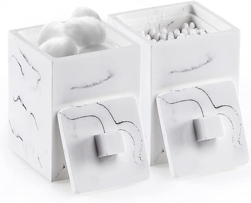 Sanbege 2 pcs Cotton Swab Holder with Lid, Resin Q-Tips Container, Cotton Ball Canister for Vanity, Dresser Counter, Bathroom Sink Organizer (White Marble)