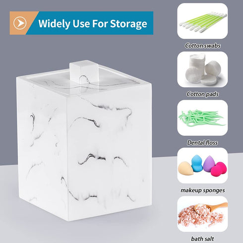 Sanbege 2 pcs Cotton Swab Holder with Lid, Resin Q-Tips Container, Cotton Ball Canister for Vanity, Dresser Counter, Bathroom Sink Organizer (White Marble)