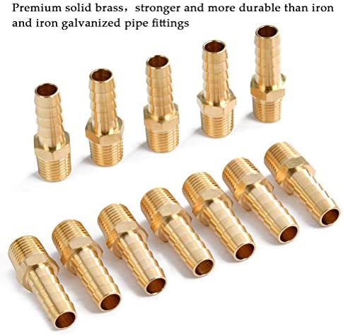 QLOUNI 12Pcs Brass Pipe Fitting, 3/8" Barb x 1/4" NPT Male Pipe, Hose Barb Adapter, Brass Pipe Fittings Male Threaded End