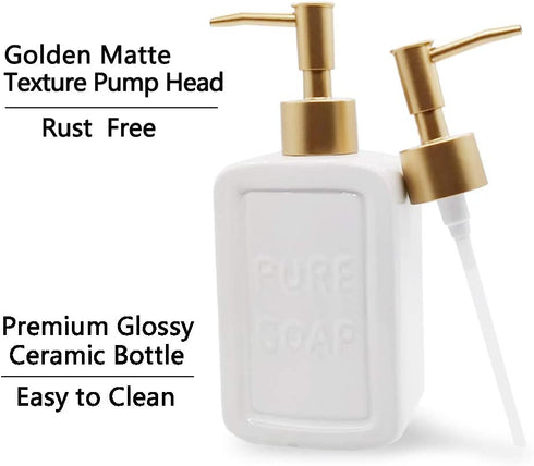 Decorative Soap Dispenser White Ceramic Lotion Bottle with Embossed Letters Noble Golden Matte Pump