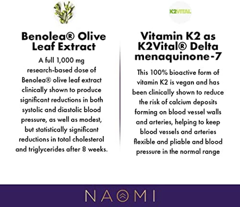 NAOMI BP Advanced, Healthy Blood Pressure Support Supplement and Cholesterol Lowering Supplement, Olive Leaf Extract 1000mg and K Vitamin 180mcg - Vitamin K, Olive Leaf Organic