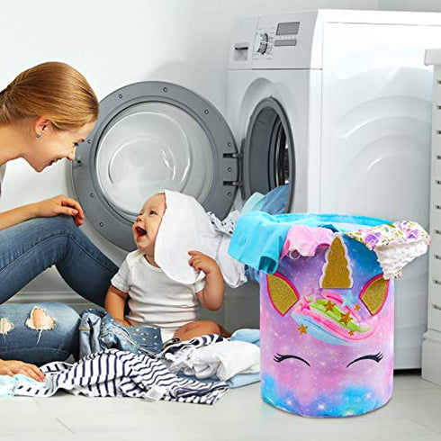FIOBEE Unicorn Laundry Basket Rainbow Storage Bins Waterproof Nursery Hamper Canvas Toy Organizer for Kids Girls Bedroom Clothes