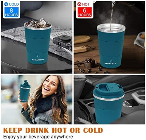 MOMSIV 12oz Travel Mug, Insulated Coffee Cup with Leakproof Lid, Travel Coffee Mug Vacuum Stainless Steel Double Walled Reusable Coffee Cup for Hot and Cold Water Coffee(Blue - 380ml)