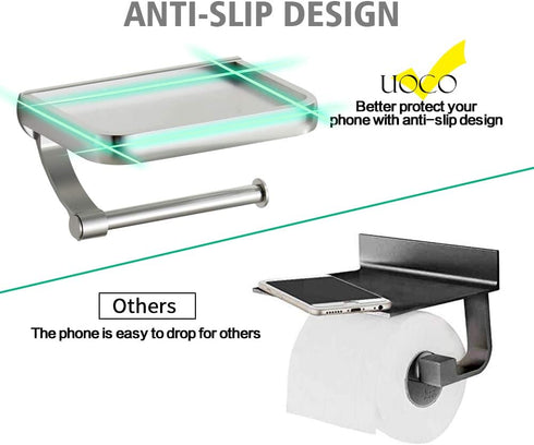 KooNiosio Toilet Paper Holder with Shelf, Anti-Rust Aluminum Toilet Roll Holder with Phone Shelf for All Mobile Phone, Wall Mounted Bathroom Tissue Holder (Silver)