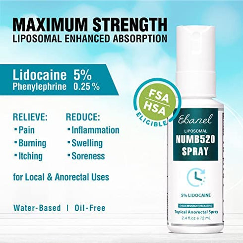 Ebanel 5% Lidocaine Spray Pain Relief Maximum Strength Liposomal Numb520 Numbing Spray 2.4 Fl Oz Topical Anesthetic Hemorrhoid Treatment Spray with Phenylephrine, Arginine for Local and Anorectal Uses