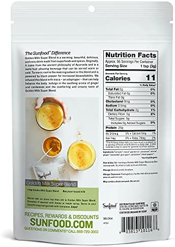 Sunfood Golden Milk Super Blend – Organic Turmeric Latte + Superfoods: Ginger, Maca, Goji, & More | All- Natural, Healthy & Clean Coffee Alternative | Non-GMO, Gluten-Free, Vegan | 6 oz / 56 Servings