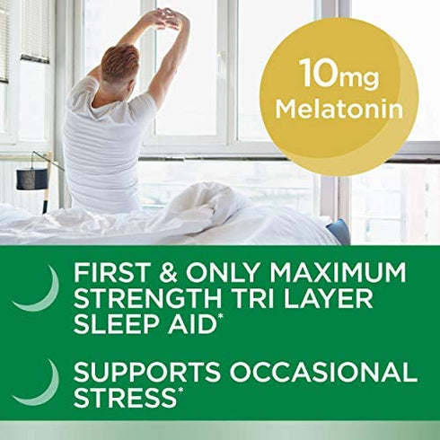 Stress Support Melatonin by Nature's Bounty, Sleep3 Maximum Strength 100% Drug Free Sleep Aid, Dietary Supplement with Ashwagandha, Time Release Technology, 10mg, 28 Tri-Layered Tablets
