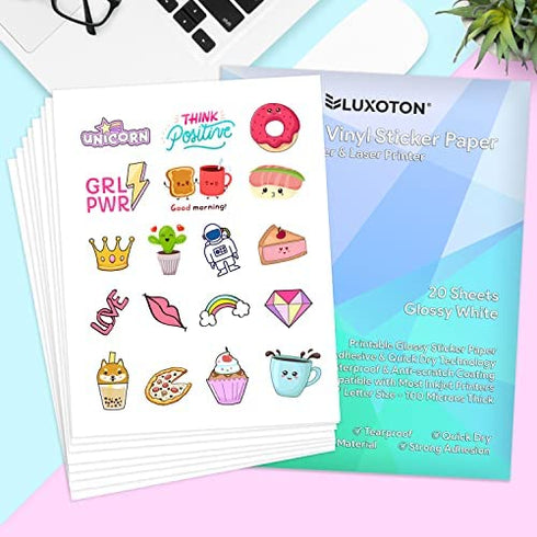 Premium Printable Vinyl Sticker Paper - 20 Sheets Glossy White Waterproof Decal Paper for Inkjet Printer Vivid Colors Self-Adhesive Labels Crafts DIY Project Standard Full Letter Size 8.5"x11"