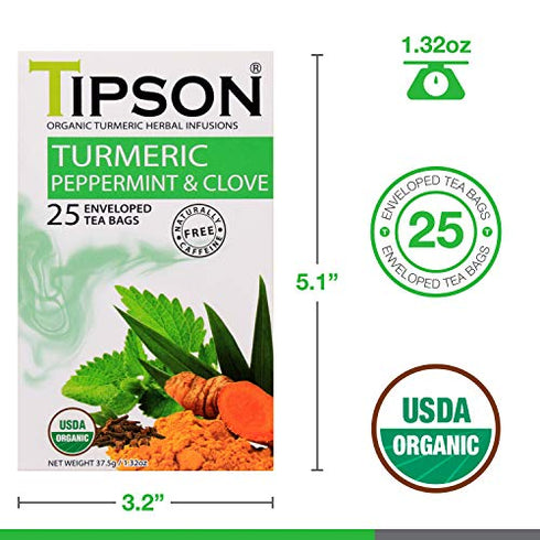Tipson Organic Turmeric Caffeine Free Herbal Tea - Organic Peppermint and Cloves - 25 Foil Enveloped Double Chambered Bags - Keto/Paleo - Basilur