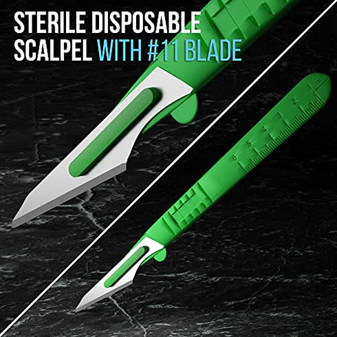 MyMed Disposable Scalpels| #11 Sharp Carbon-Steel Blades | Pack of 20 | Sterile Individual Pouches| for Dermaplaining, Podiatry, Crafts & More (#11 Green Handle)