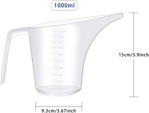 Fireboomoon 4 Pack Plastic Funnel Pitcher,Large Capacity Long Spout Measuring Cup for Bakeware Molds,Pancake,Batter,Muffin,Cakes,Soap Making(4 Cups/32 Ounces/1000 ml)