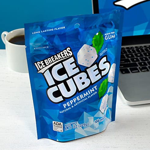 ICE BREAKERS ICE CUBES Peppermint Sugar Free Chewing Gum, Made with Xylitol, 8.11 oz Pouch (100 Pieces)