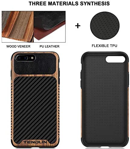 TENDLIN Compatible with iPhone 7 Plus Case/iPhone 8 Plus Case Wood Grain with Carbon Fiber Texture Design Leather Hybrid Slim Case Compatible with iPhone 7 Plus and iPhone 8 Plus (Carbon & Leather)