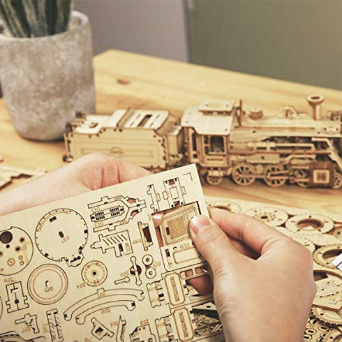 ROKR Model Car Kits Wooden 3D Puzzles Model Building Kits for Adults to Build - Educational Brain Teaser Assembly Model, for Teens & Kids Ages 8-10 (Prime Steam Express/12.1 * 2.7 * 3.3)