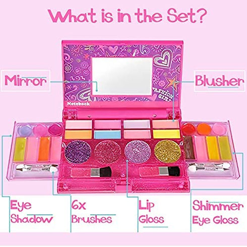 Kids Washable Makeup Kit, Fold Out Cosmetic Vanity Palette with Mirror, Make Up Toy Beauty Kit for Girls Pretend Play - Safety Tested- Non Toxic