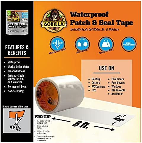 Gorilla Waterproof Patch & Seal Tape, 4" x 8', Clear, (Pack of 1)