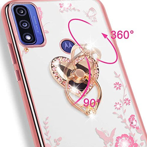 B-wishy for Motorola Moto G Pure Case.Moto G Power Case 2022 for Women, Glitter Crystal Butterfly Heart Floral Slim TPU Luxury Bling Cute Cover with Kickstand+Strap for Motorola Moto G Pure(Rose Gold)